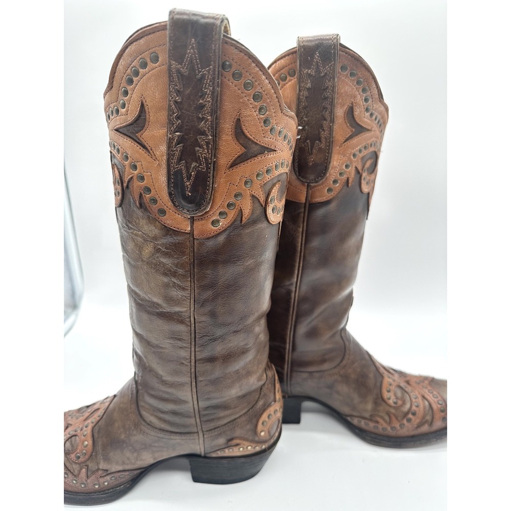 OLD GRINGO for Cavender's Chocolate/Tan Overlay Scroll Fleur Studded Boots 6B - Picture 7 of 12